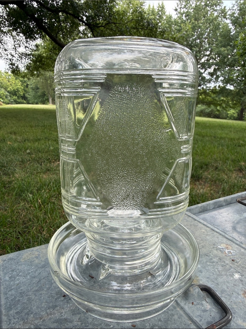 Vintage Hazel Atlas Square 1 QT Jar & Chicken Waterer / Fount Base